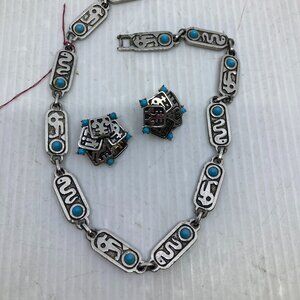 Vtg RARE BOUCHER signed modernist egyptian snake cobra rhodium earrings necklace